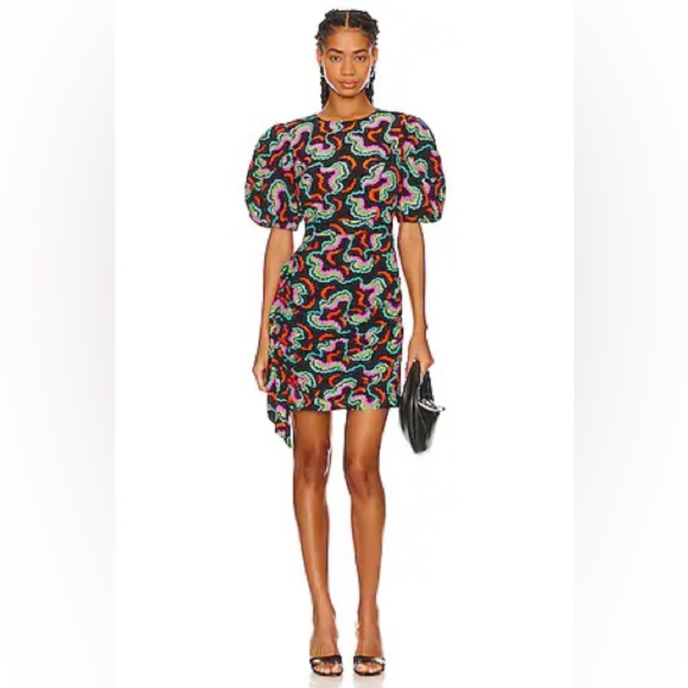 NWT Rhode Pia Puff Sleeve Mini Dress Abstract Black Size 4 Small Party Cute Fun
